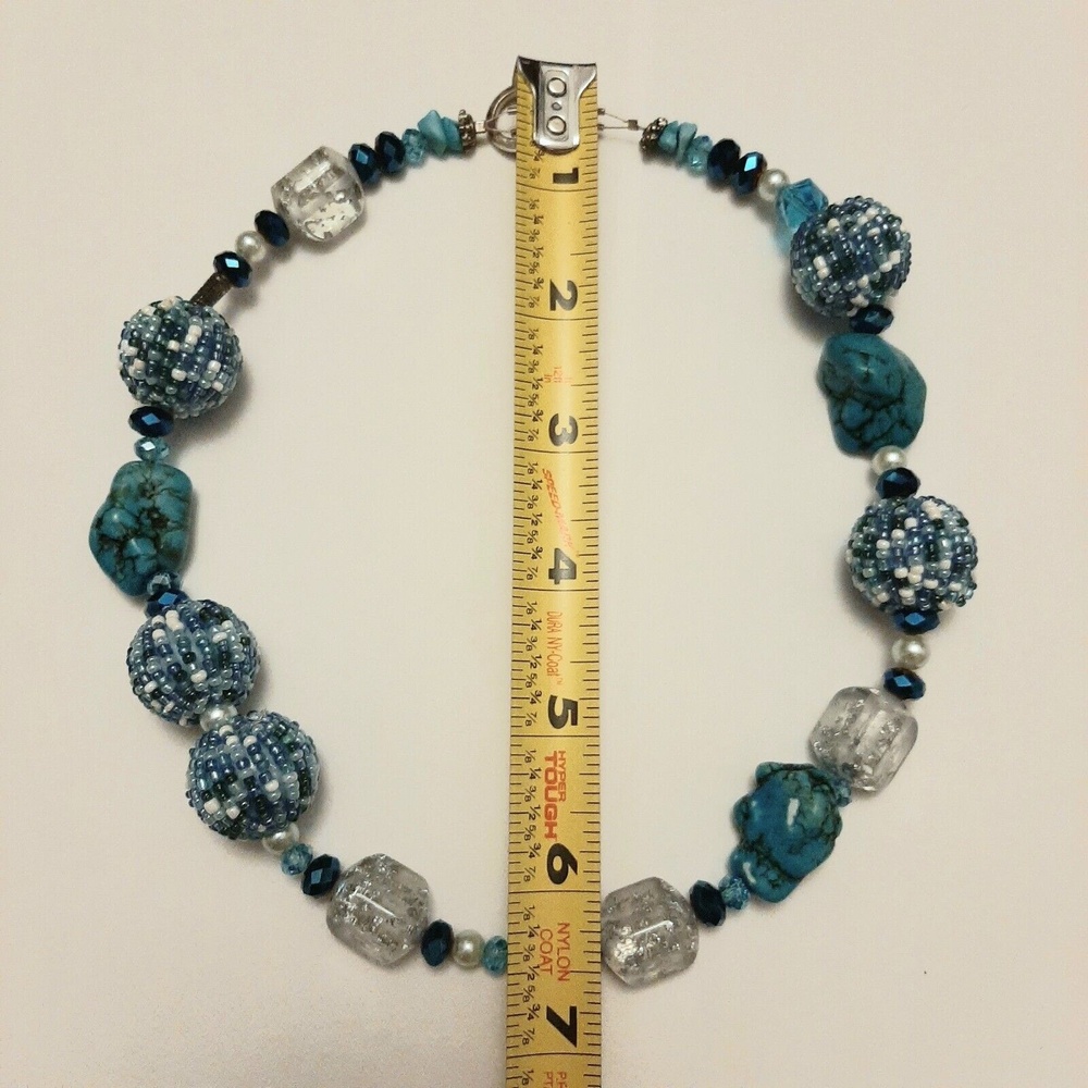 Vintage Chunky Blue Beads with Turquoise Stone Necklace Unique Design - Picture 3 of 5
